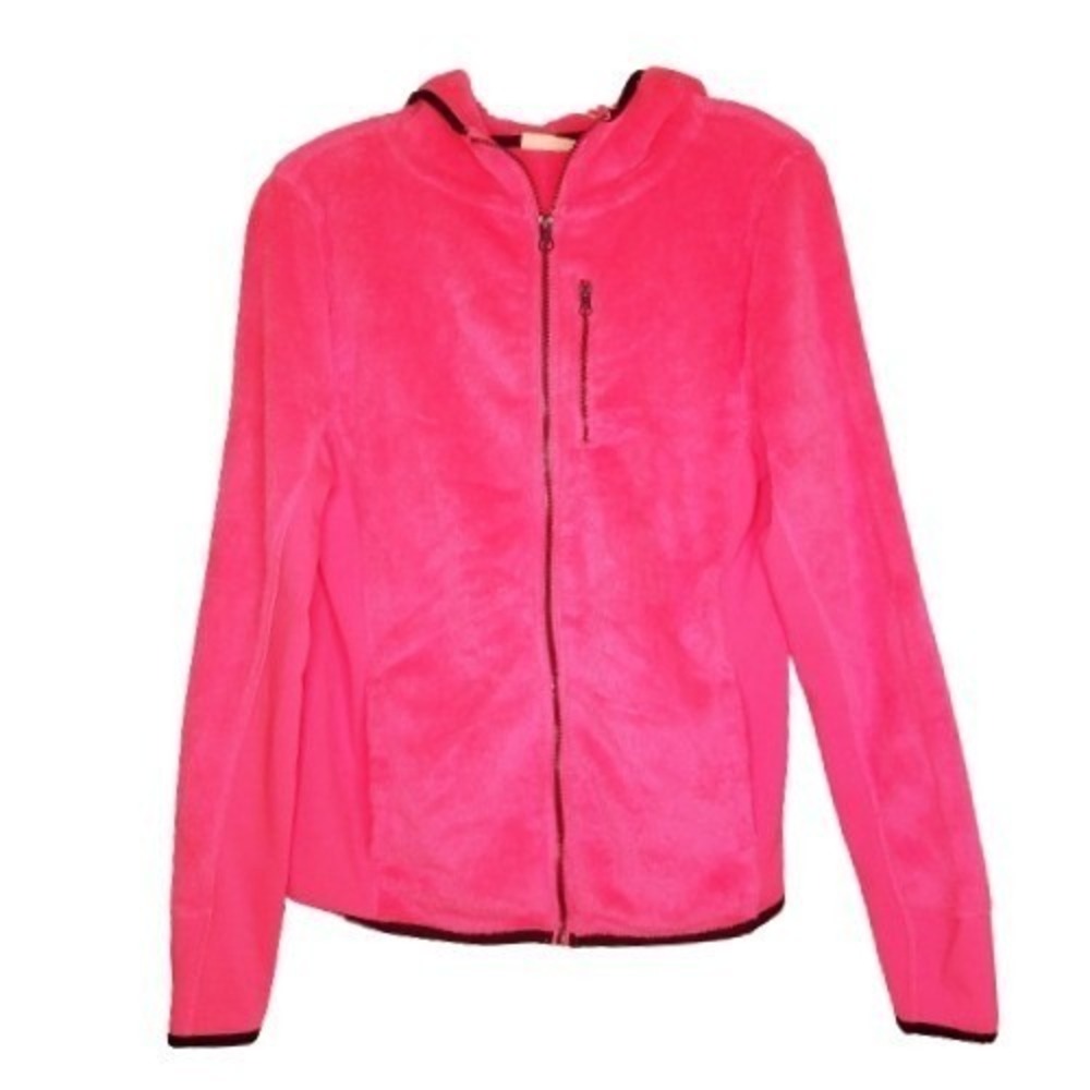 Pink Fleece Hoodie Medium Full Zip Dark Purple Trim and Zippers Pockets Barbie